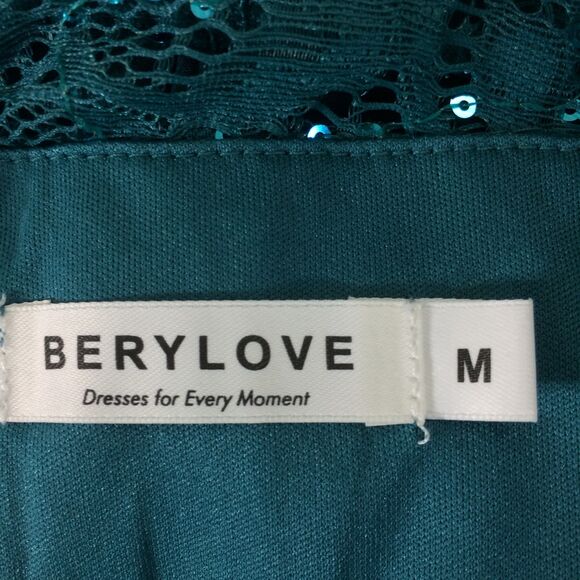 Berylove Hi Lo Lace Top Chiffon Dress Teal Green NO BELT Size M Deep V Back - Picture 8 of 8
